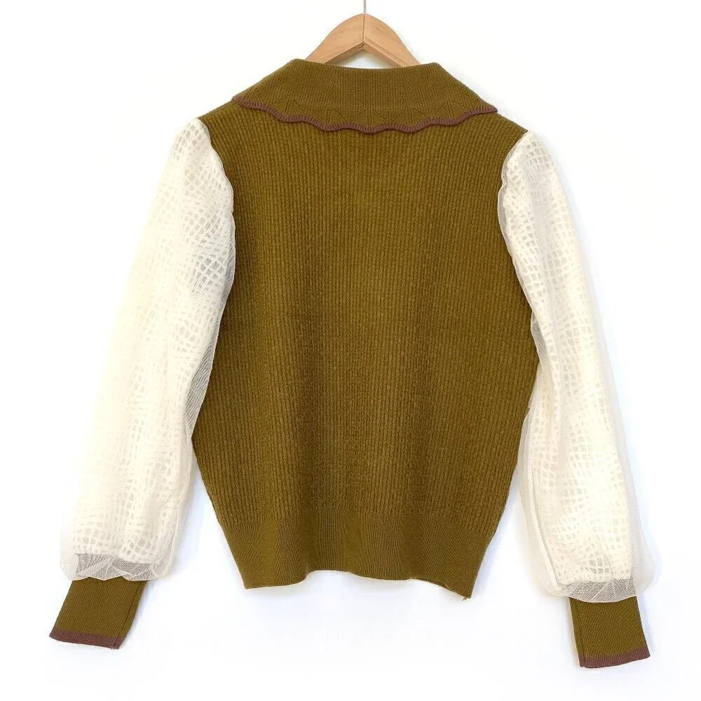 Olive Green Wool Blend Sweater White Mesh Balloon Sleeve S